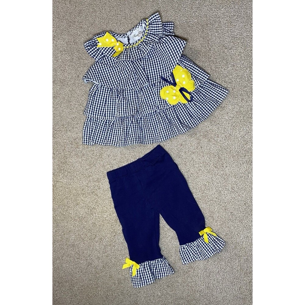 Rare Editions 6M Navy Gingham Butterfly Outfit 2pc Set Pom Pom Trim Summer